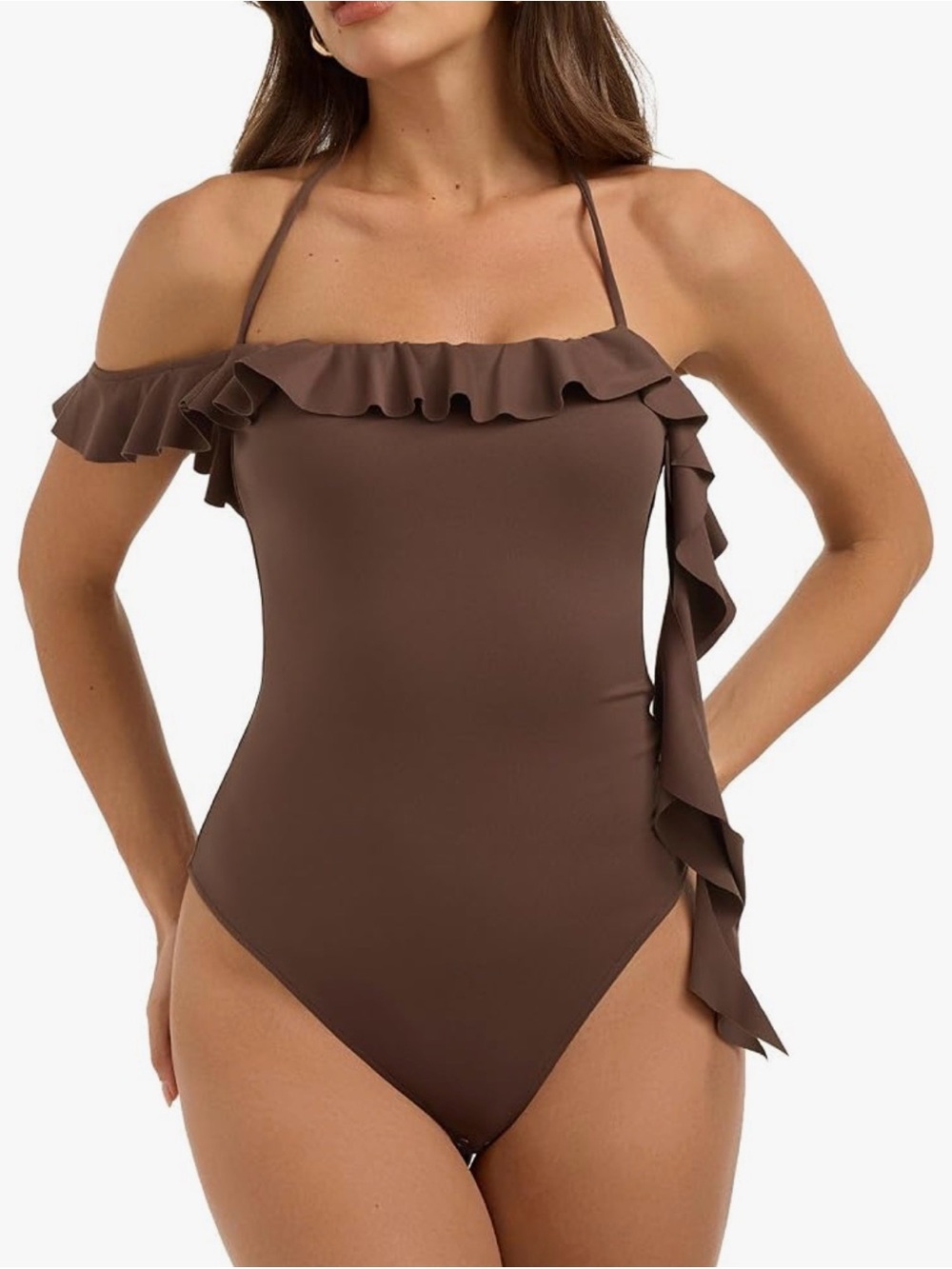 ReoRia Brown Ruffle Off-Shoulder Bodysuit